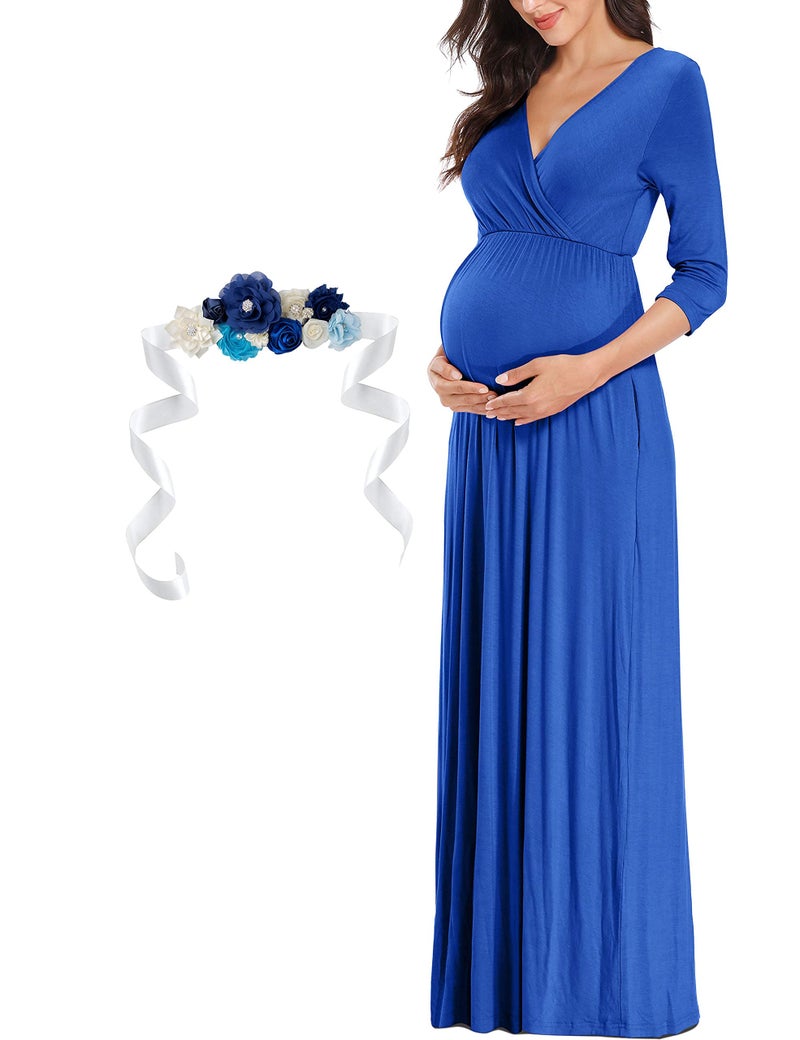 KIM S Maternity Dress Winter Photoshoot Maternity Photoshoot Christmas Baby Shower Wrap Nursing Long Wedding Guest 2025 (Royal Blue L) - Image 3